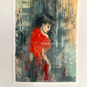 May include: Abstract painting of a woman in a red dress, with a textured background of blue and gray. The painting is signed "Mirela Art Gallery".