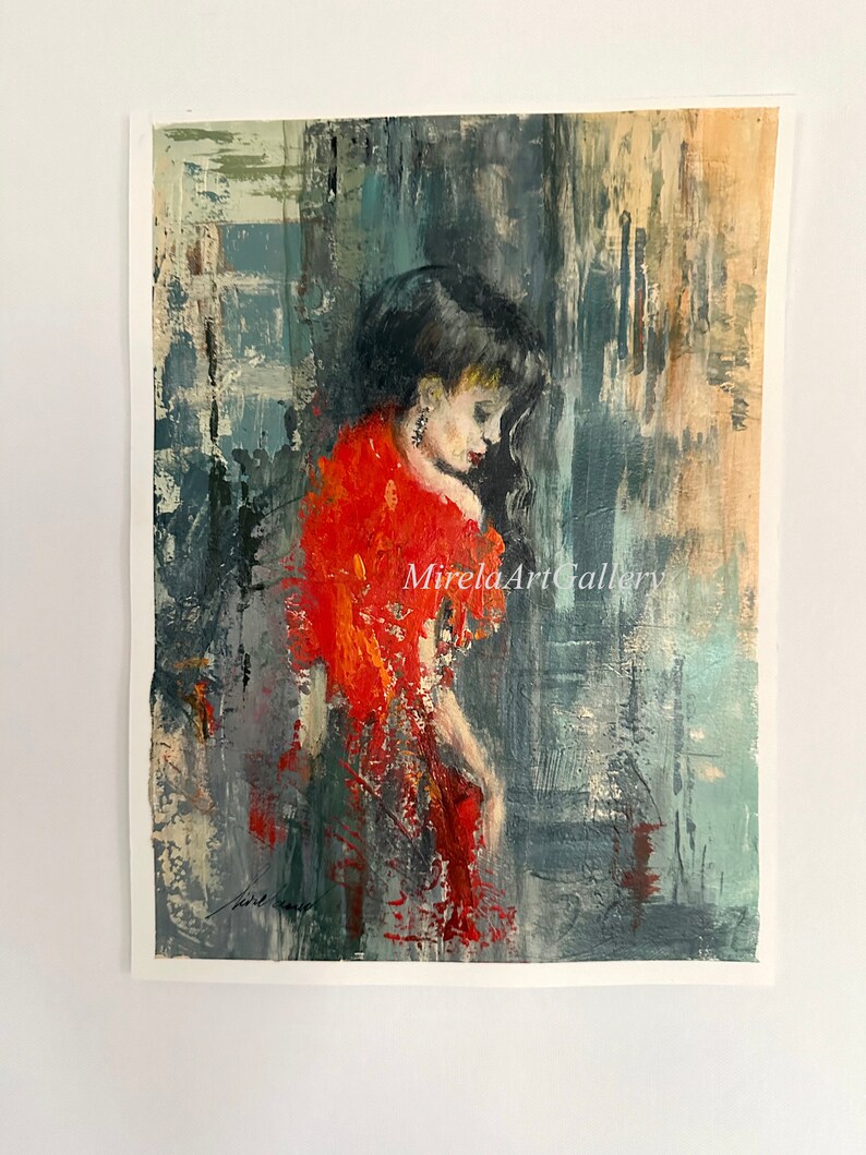 May include: Abstract painting of a woman in a red dress, with a textured background of blue and gray. The painting is signed "Mirela Art Gallery".