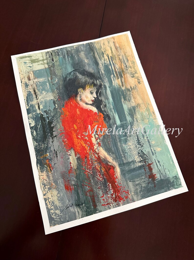 May include: Abstract painting of a woman in a red dress with a textured background. The painting is signed "Mirla" in the bottom right corner.