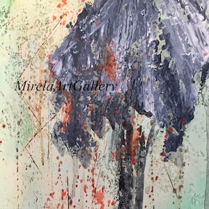 May include: Abstract watercolor painting with a dark gray, textured shape in the center. The background is a light green and beige with splashes of red paint.