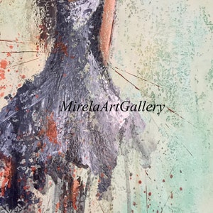 May include: Abstract painting of a woman in a gray dress with splashes of red and green paint. The painting is signed "MirelaArtGallery".