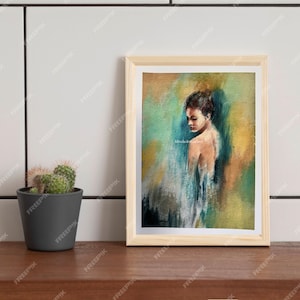 May include: A framed painting of a woman with a blue background. The woman is wearing a white dress and has her back to the viewer. The painting is in a wooden frame.