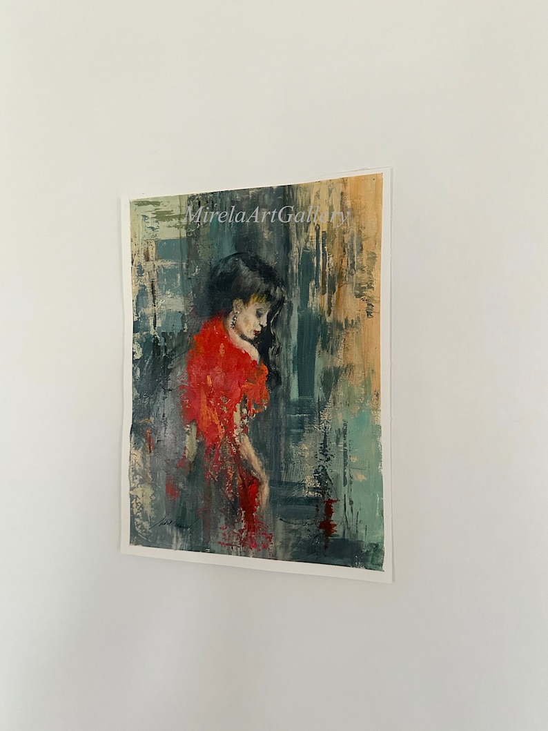 May include: Abstract painting of a woman in a red dress, with a textured background in shades of blue, green, and yellow. The painting is signed "MirelaArtGallery".
