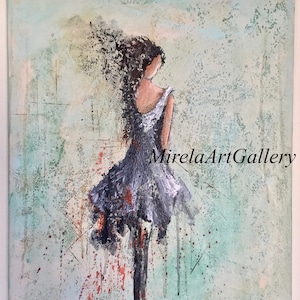 May include: Abstract painting of a woman in a dark dress with her hair blowing in the wind. The background is a light blue with splashes of red and orange paint. The painting is signed "Mirela" in the bottom left corner and "MirelaArtGallery" in the bottom right corner.