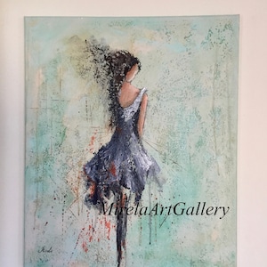 May include: Abstract painting of a woman in a blue dress with her back to the viewer. The background is a textured green and blue with splashes of red and orange. The painting is signed "Mirela" in the bottom left corner and "MirelaArtGallery" in the bottom right corner.