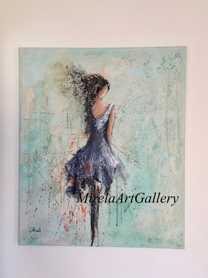 May include: Abstract painting of a woman in a blue dress with her back to the viewer. The background is a textured green and blue with splashes of red and orange. The painting is signed "Mirela" in the bottom left corner and "MirelaArtGallery" in the bottom right corner.