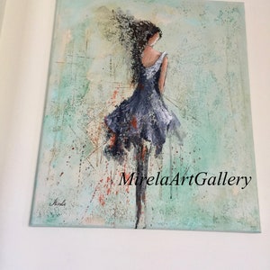 May include: Abstract painting of a woman in a blue dress with her back to the viewer. The background is a light blue and green with splashes of red and orange. The painting is signed "Mirela" in the bottom left corner and "MirelaArtGallery" in the bottom right corner.
