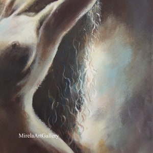 May include: A close-up of a painting depicting a nude figure with long, flowing hair. The figure is painted in shades of brown, beige, and white, with a soft, ethereal quality. The painting is signed "MirelaArtGallery" in the lower left corner.