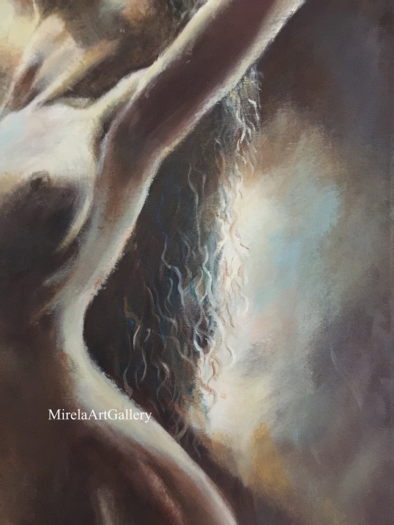 May include: A close-up of a painting depicting a nude figure with long, flowing hair. The figure is painted in shades of brown, beige, and white, with a soft, ethereal quality. The painting is signed "MirelaArtGallery" in the lower left corner.