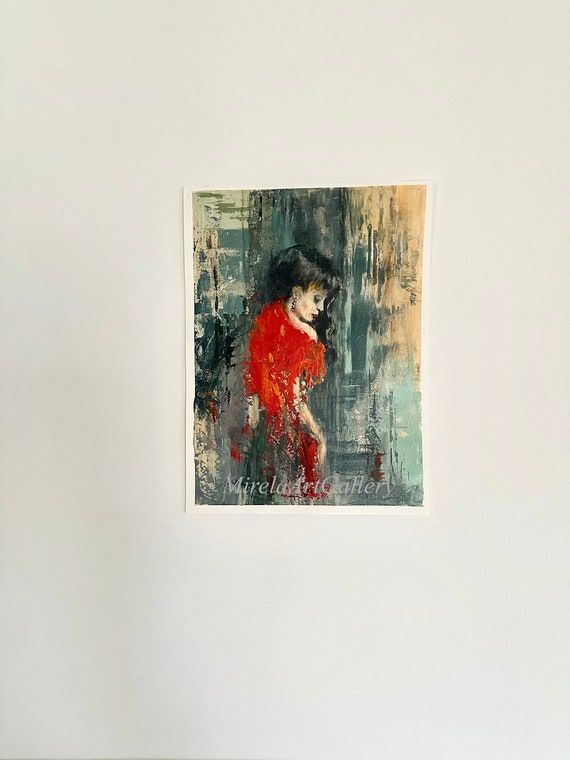 Original Abstract Painting, Woman in Red Figure Fine Art, White Acid Free Canson Paper, Home Office Decor, Housewarming Gift, H12"xW9"