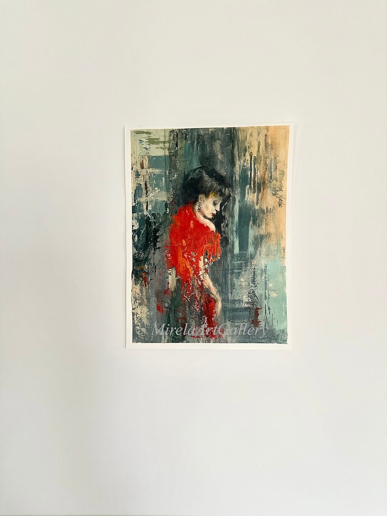 May include: A painting of a woman in a red dress, standing in front of a textured background. The woman is looking down and her hair is dark. The background is a mix of blue, green, and brown.