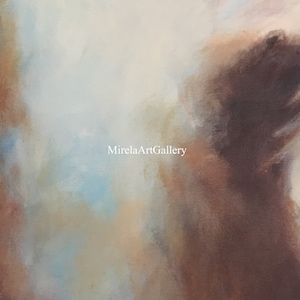 May include: Abstract painting with a blend of light blue, beige, and brown colors. The colors are blended together to create a soft, dreamy effect. The painting has a textured surface, giving it a three-dimensional look.