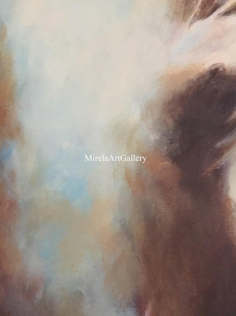 May include: Abstract painting with a blend of light blue, beige, and brown colors. The colors are blended together to create a soft, dreamy effect. The painting has a textured surface, giving it a three-dimensional look.
