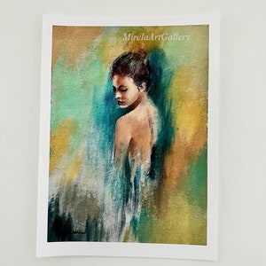 May include: A painting of a woman with brown hair, wearing a white dress, standing in front of a blue and green background. The painting is titled "MirelaArtGallery".