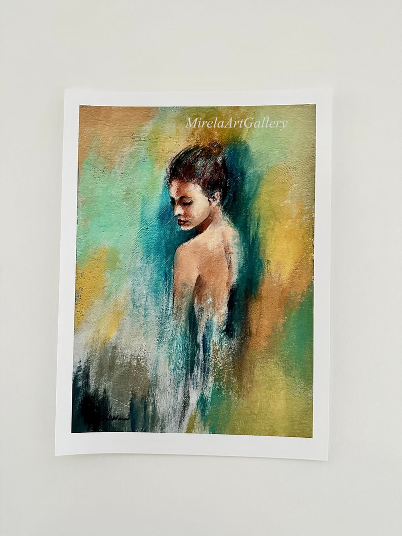 May include: A painting of a woman with brown hair, wearing a white dress, standing in front of a blue and green background. The painting is titled "MirelaArtGallery".