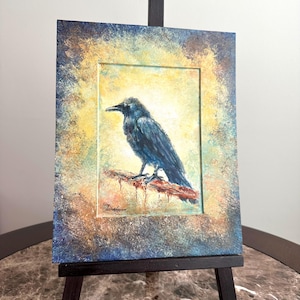 Corvo Corvid, dipinto astratto su carta artistica con passepartout e supporto, decorazione da parete, passepartout dipinto, decorazione per casa e ufficio 10"x8"; 6,5"x4,5"