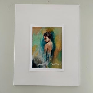May include: A painting of a person with a blue and green background. The person is facing away from the viewer and has their hair pulled back. The painting is signed "Mirela Art Gallery".