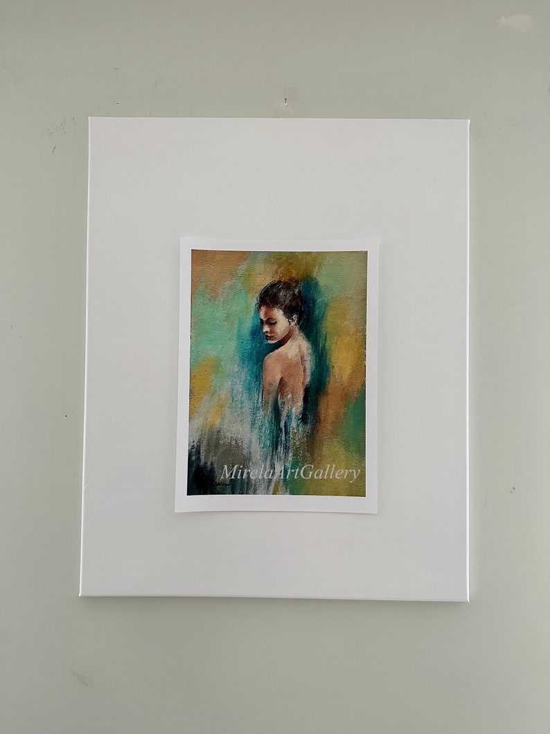 May include: A painting of a person with a blue and green background. The person is facing away from the viewer and has their hair pulled back. The painting is signed "Mirela Art Gallery".