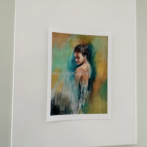 May include: A painting of a woman with brown hair, wearing a white dress, standing in front of a colorful abstract background. The background is a mix of green, blue, and yellow.