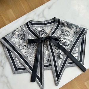 Toile de Jouy satin mini cape collar, black charcoal fantasy stars print, detachable faux blouse half shirt, retro romantic scarf bow ties