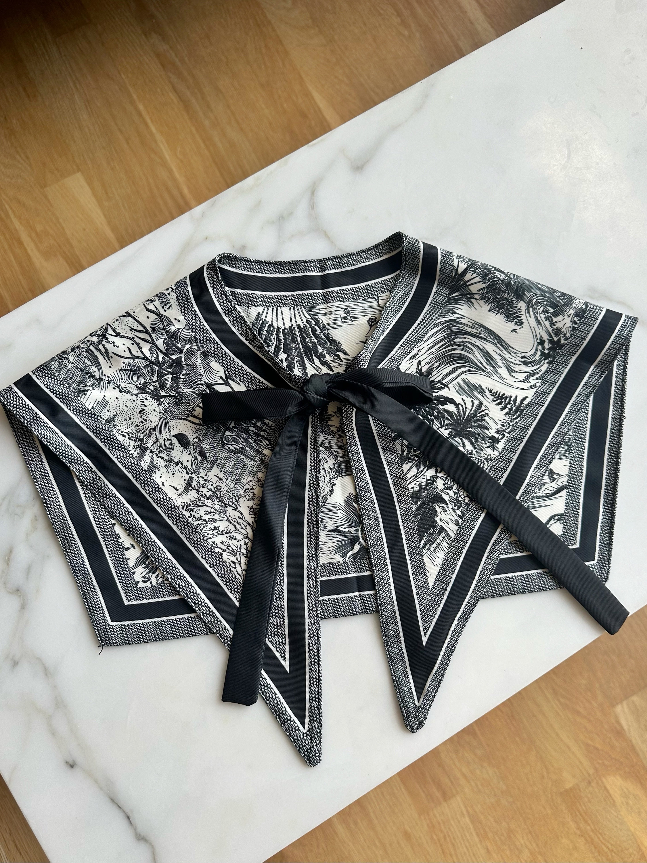Toile de Jouy satin mini cape collar, black charcoal fantasy stars print, detachable faux blouse half shirt, retro romantic scarf bow ties