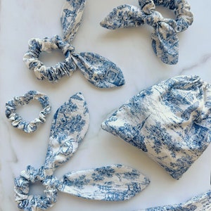 Toile de Jouy Scrunchie with Bunny Ears: Retro French Hair Tie