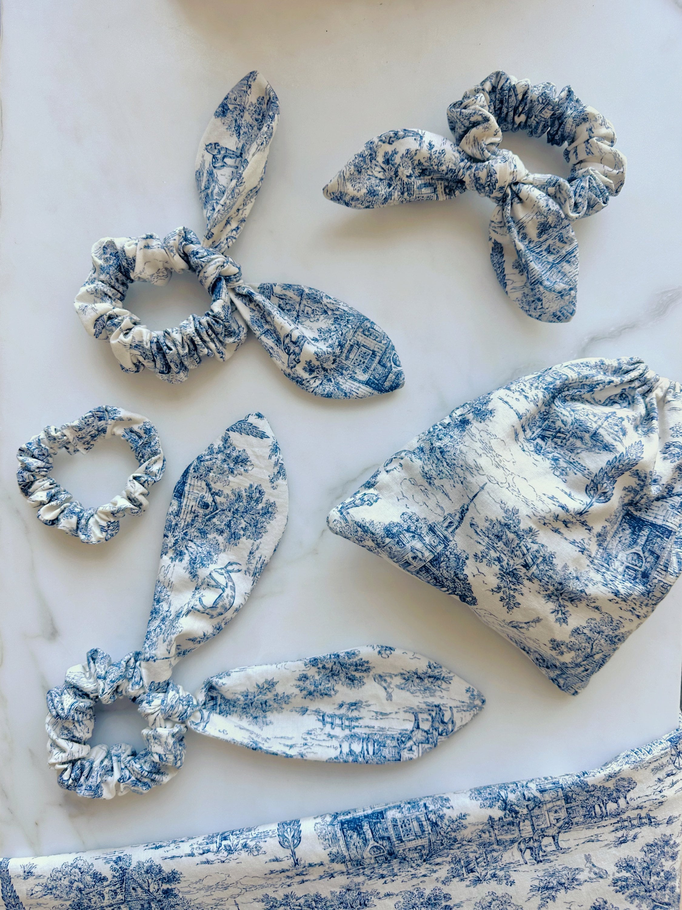 Toile de Jouy Scrunchie with Bunny Ears: Retro French Hair Tie