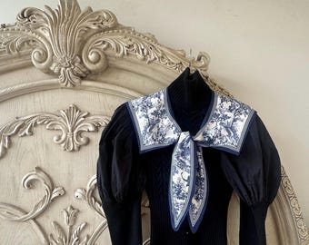 Toile de Jouy satin mini cape collar, navy jungle forest print, french retro scarf with self tie bow knot