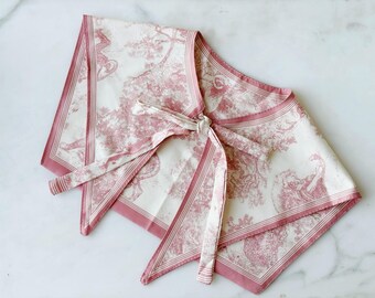Pink Toile de Jouy satin mini cape collar, jungle forest print, detachable faux blouse half shirt, French retro romantic scarf with bow ties