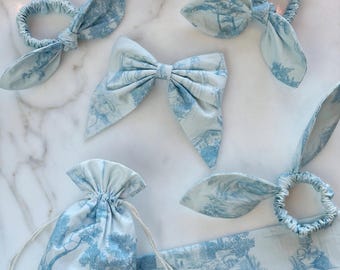 Blue Toile de Jouy Bunny Ear Scrunchie: French Cotton Hair Tie