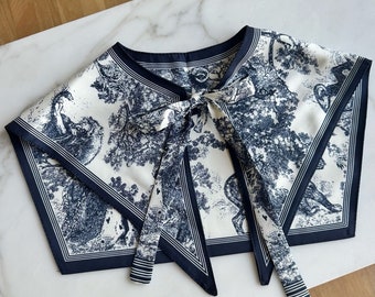 Toile de Jouy satin mini cape collar, navy jungle forest print, detachable faux blouse half shirt, French retro romantic scarf with bow ties