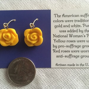 Suffrage Yellow Gold Rose 19th Amendment Artisan Handmade Dangle Hook Drop Earrings 100th Anniversary