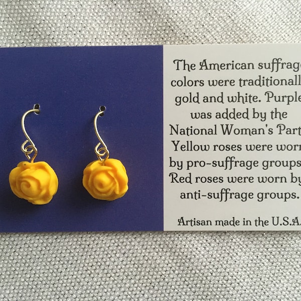 Suffrage Yellow Gold Rose 19th Amendment Artisan Handmade Dangle Hook Drop Earrings 100th Anniversary Suffragist Suffragette