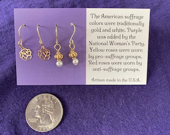 Suffrage Rose  Rhinestone 2 Pair Set Dangle Hook Earrings Suffragette Suffragist Votes for Women 19th Amendment