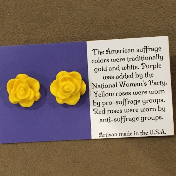 Suffrage Yellow Gold Rose 19th Amendment Artisan Handmade Post Stud Earrings 100th Anniversary