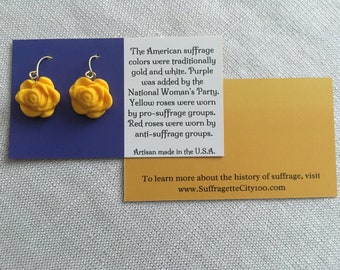 Suffrage Yellow Gold Rose 19th Amendment Artisan Handmade Dangle Hook Drop Earrings 100th Anniversary