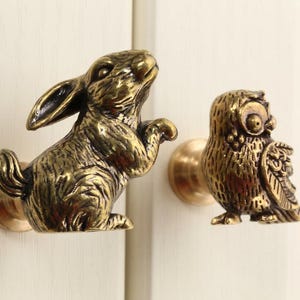May include: Two bronze cabinet knobs, one shaped like a rabbit and the other like an owl. The rabbit is in a playful pose, and the owl has detailed feathering. Both knobs have a brass finish and are mounted on a white surface.
