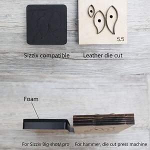 Op de afbeelding: Twee sets stansmallen voor knutselen. De eerste set is een zwarte schuimstansmal voor gebruik met een Sizzix Big Shot machine. De tweede set is een houten stansmal voor gebruik met een hamer of stanspers. Beide sets hebben een ontwerp van drie bladeren. De schuimstansmal is 1,7 cm dik en de houten stansmal is 1,6 cm dik.