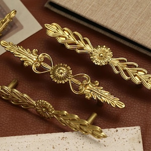 Brass Flower cabinet knob pull, Gold Drawer pull knob, unique Dresser wardrobe door Handle, Custom engrave Flower dresser pull, hardware