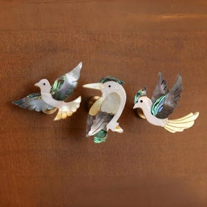 May include: Three decorative bird-shaped cabinet knobs. Each knob features a unique design with iridescent shell accents in shades of green, blue, and gold. The birds are set against a brown background, adding a touch of nature-inspired elegance to any furniture.