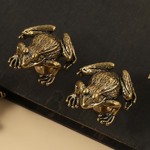 Op de afbeelding: Bronzen kikkerkastknoppen. De knoppen zijn gedetailleerd met een getextureerde huid en realistische kenmerken. De kikkers zitten in een hurkende positie, met hun voorpoten uitgestrekt.