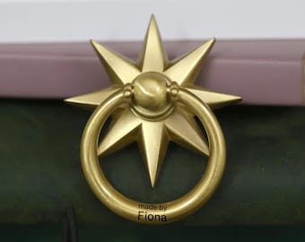 Eight pointed Star brass drop knob, drawer drop knob, brass cabinet knob, Custom engrave gold star knob, cabinet hardware, furniture knob