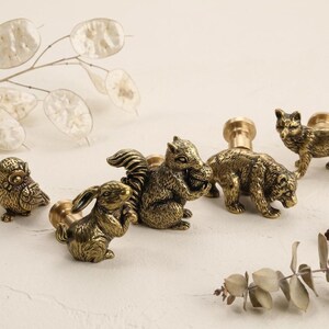 May include: A collection of antique brass animal cabinet knobs, including an owl, rabbit, squirrel, bear, and fox. These decorative knobs add a rustic, woodland touch to furniture and are perfect for a nature-themed decor.