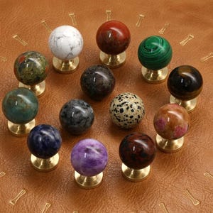 Custom Engraved Natural Gemstone Sphere Cabinet Knob, Solid Brass Base Drawer Pull, Luxury Crystal Furniture Hardware, Boho Home Decor