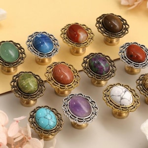 Oval Natural Crystal Stone Cabinet Knobs, Vintage Lace Metal Frame Drawer Pulls, Brass Base Dresser Hardware, Boho Cottage Home Decor