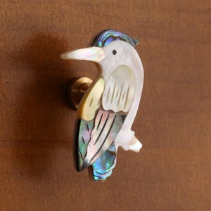 May include: A decorative bird-shaped cabinet knob. The knob features a white body with iridescent shell accents in blue, green, and gold. The bird has a white beak and a brass mounting base. The knob is mounted on a brown surface.