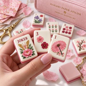 Può includere: Un set di tessere Mahjong color crema con motivi floreali e farfalle, tra cui una tessera Joker, un numero 3 con fiori rosa e un numero 1 con un ombrellino rosa. Il set include una custodia rosa con l'etichetta HANAMI PAPER ATELIER.