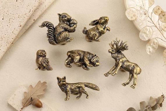 Antique Brass Woodland Animal Cabinet Knobs, Squirrel Owl Fox Moose Drawer Pulls, Vintage Forest Animal Dresser Knobs, Furniture Hardware