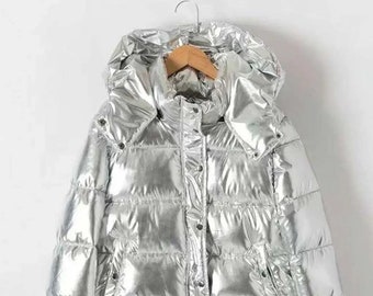shiny silver puffer jacket