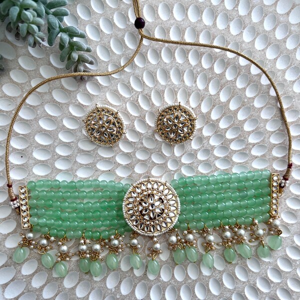 Samaraah mint green kundan and beads choker and earring set